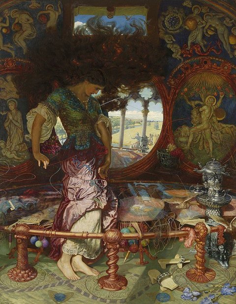 Frúin í Shalott vefur sinn vef í hring - William Holman Hunt 1905